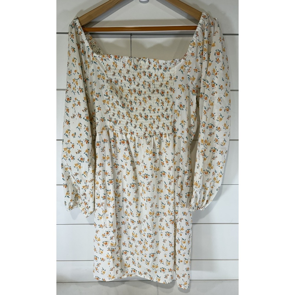 Tash & Sophie Smock Chiffon Long Sleeve Mini Dress White Floral Womens Large L